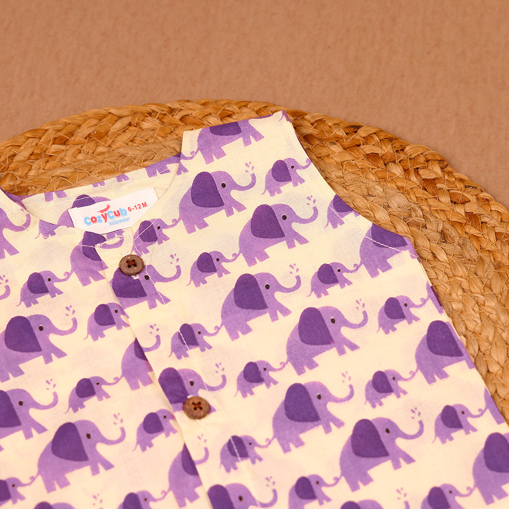 Purple Elephant Print Cotton Jabla & Shorts Set