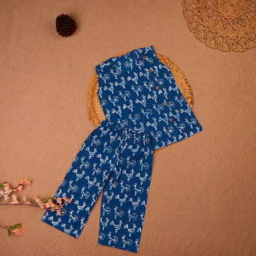 Teal Peacock Motif Cotton Side-Open Co-ord Set