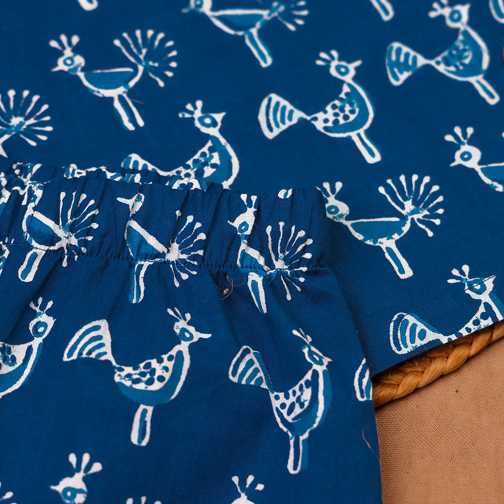 Teal Peacock Motif Cotton Side-Open Co-ord Set