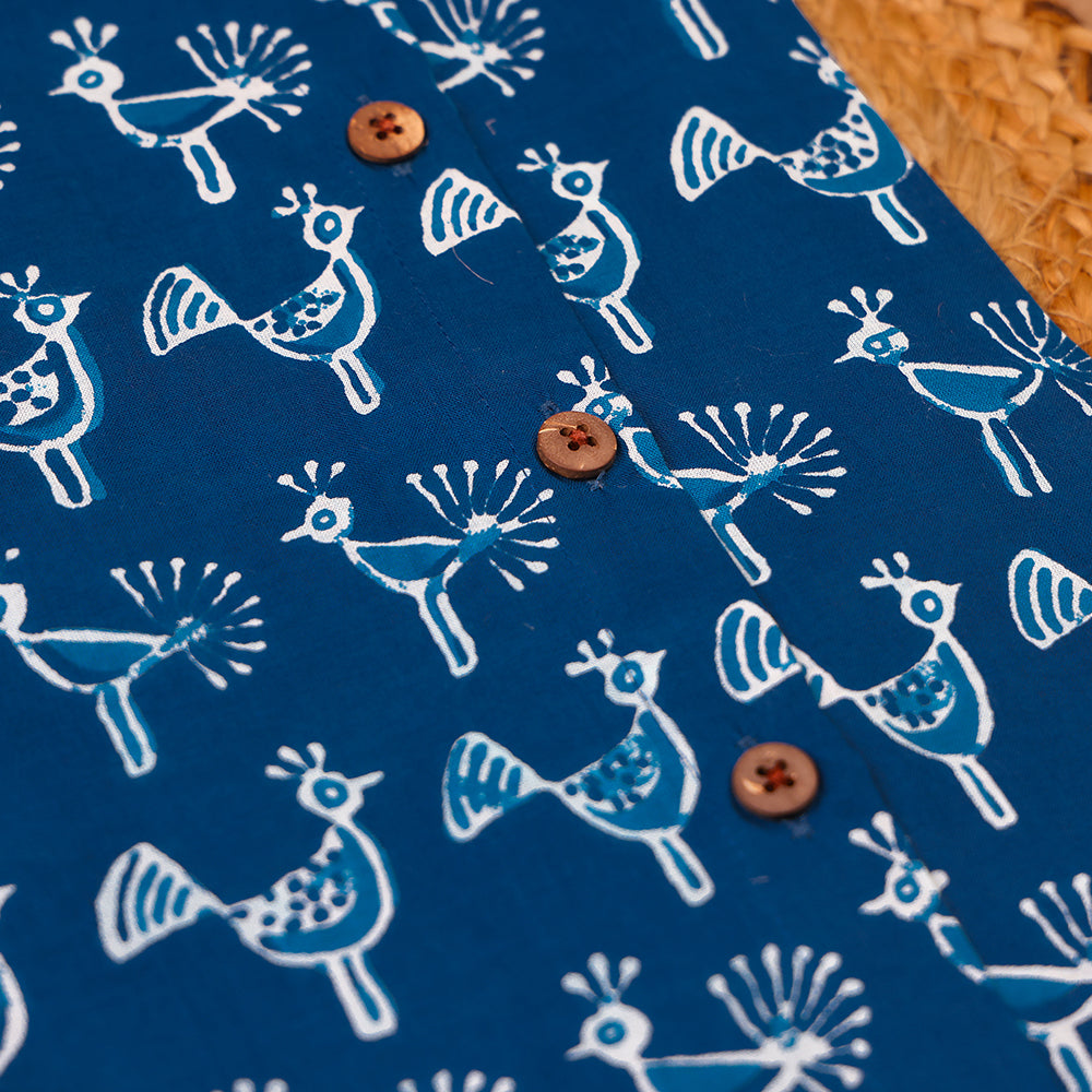 Teal Peacock Motif Cotton Side-Open Co-ord Set