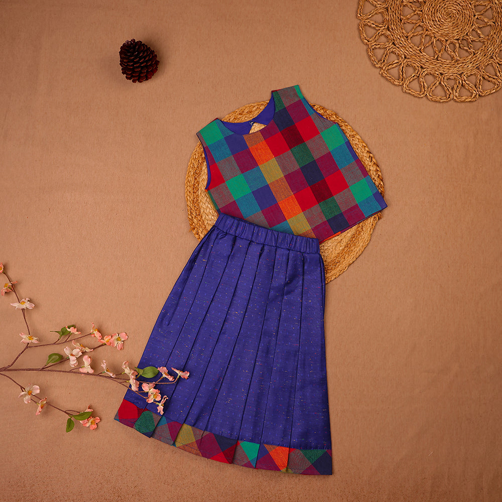 Multicolor Check Top & Blue Pleated Skirt Set