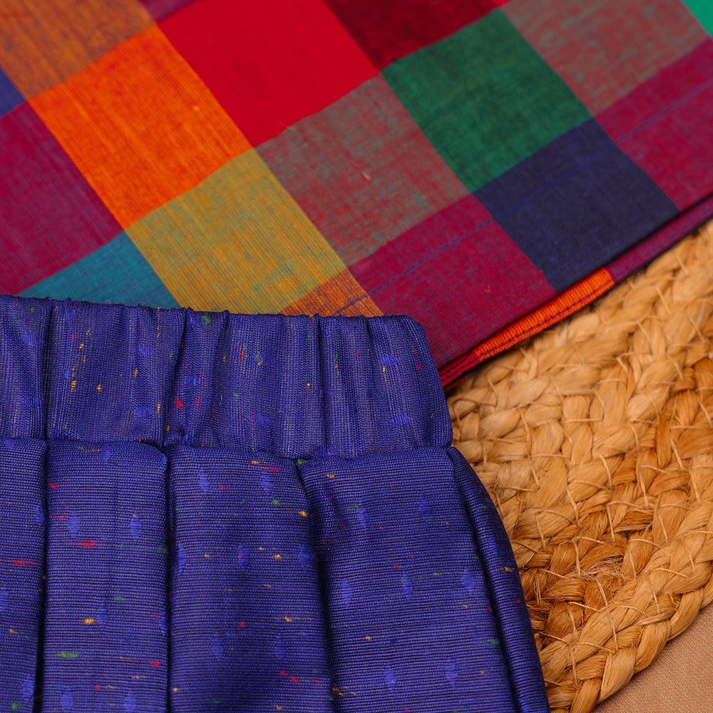 Multicolor Check Top & Blue Pleated Skirt Set