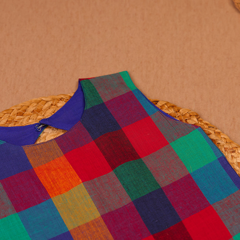 Multicolor Check Top & Blue Pleated Skirt Set