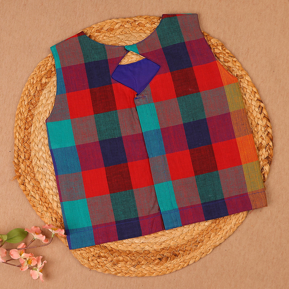 Multicolor Check Top & Blue Pleated Skirt Set
