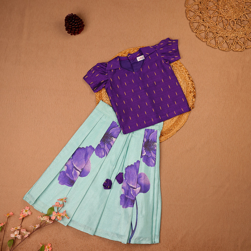 Purple Puff Sleeve Top & Floral Pleated Skirt Set