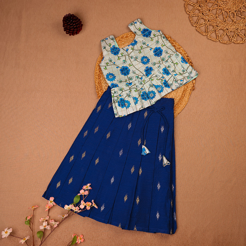 Blue Floral Peplum Top & Raw Silk Pleated Skirt Set