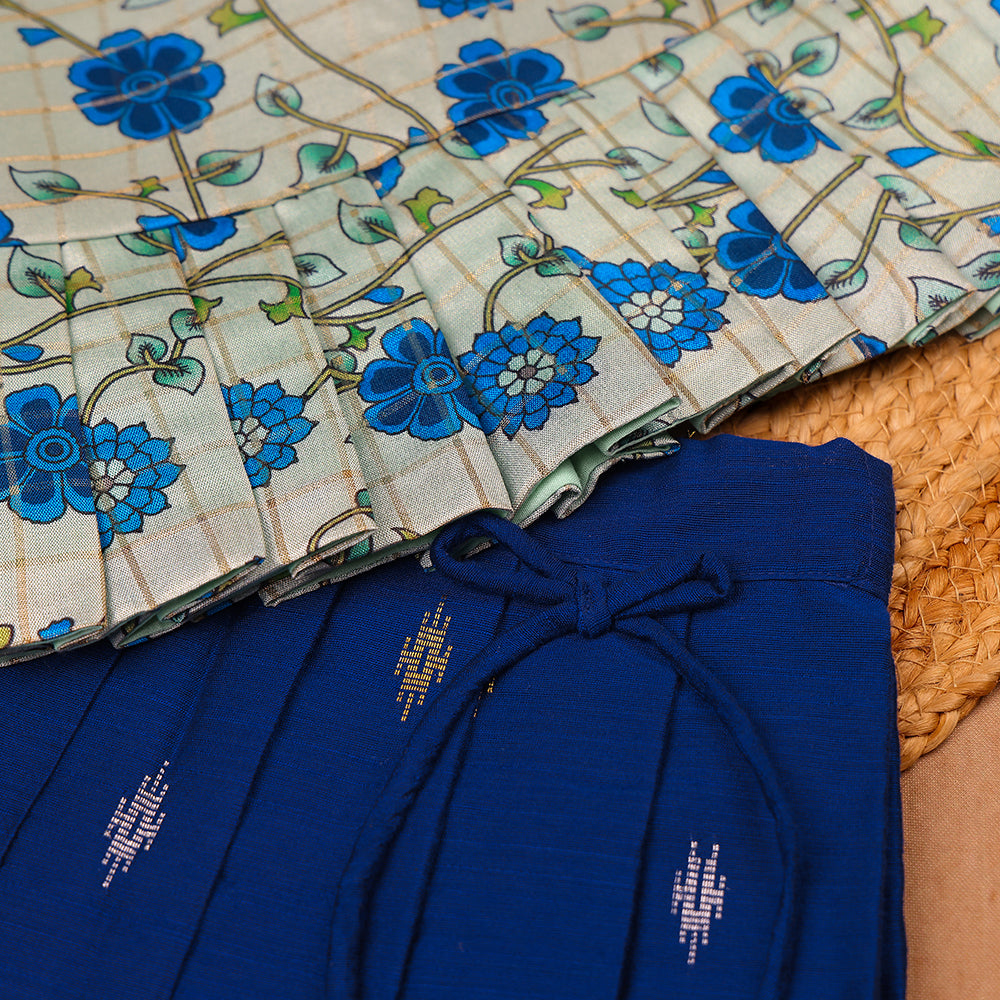 Blue Floral Peplum Top & Raw Silk Pleated Skirt Set