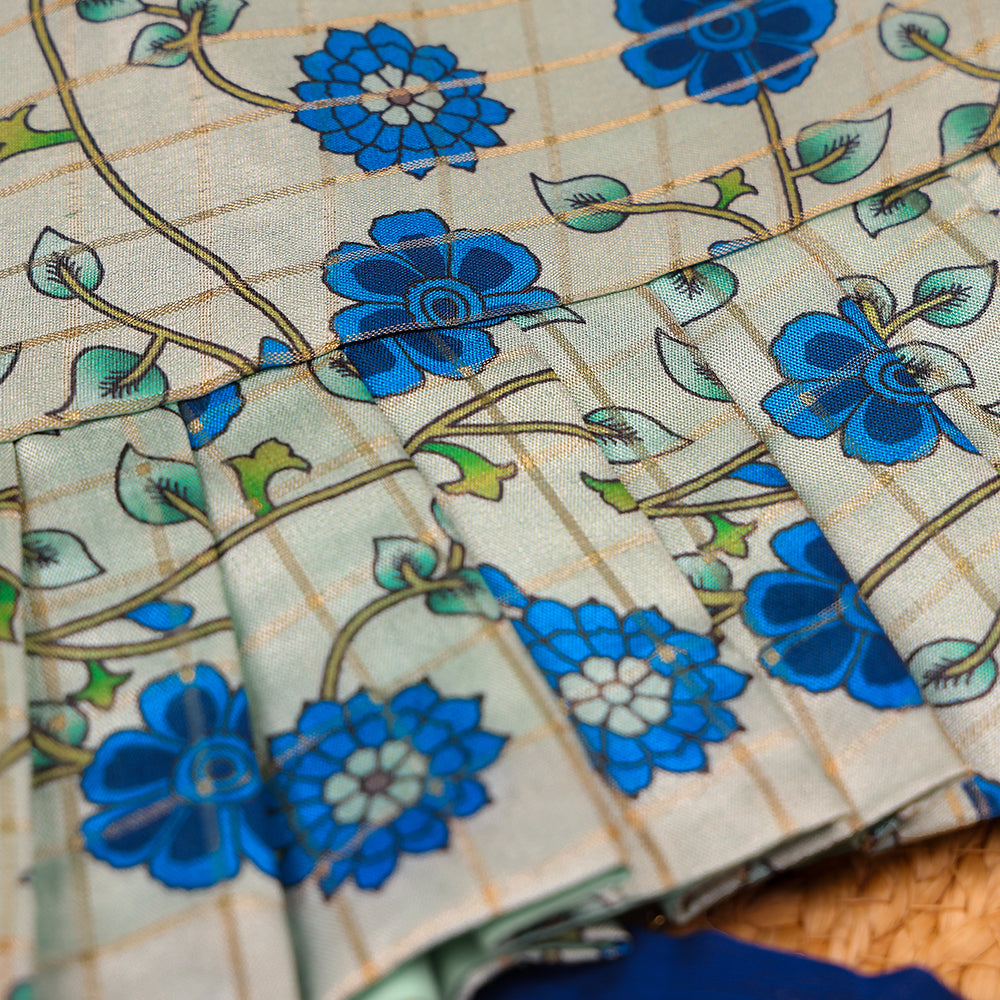 Blue Floral Peplum Top & Raw Silk Pleated Skirt Set
