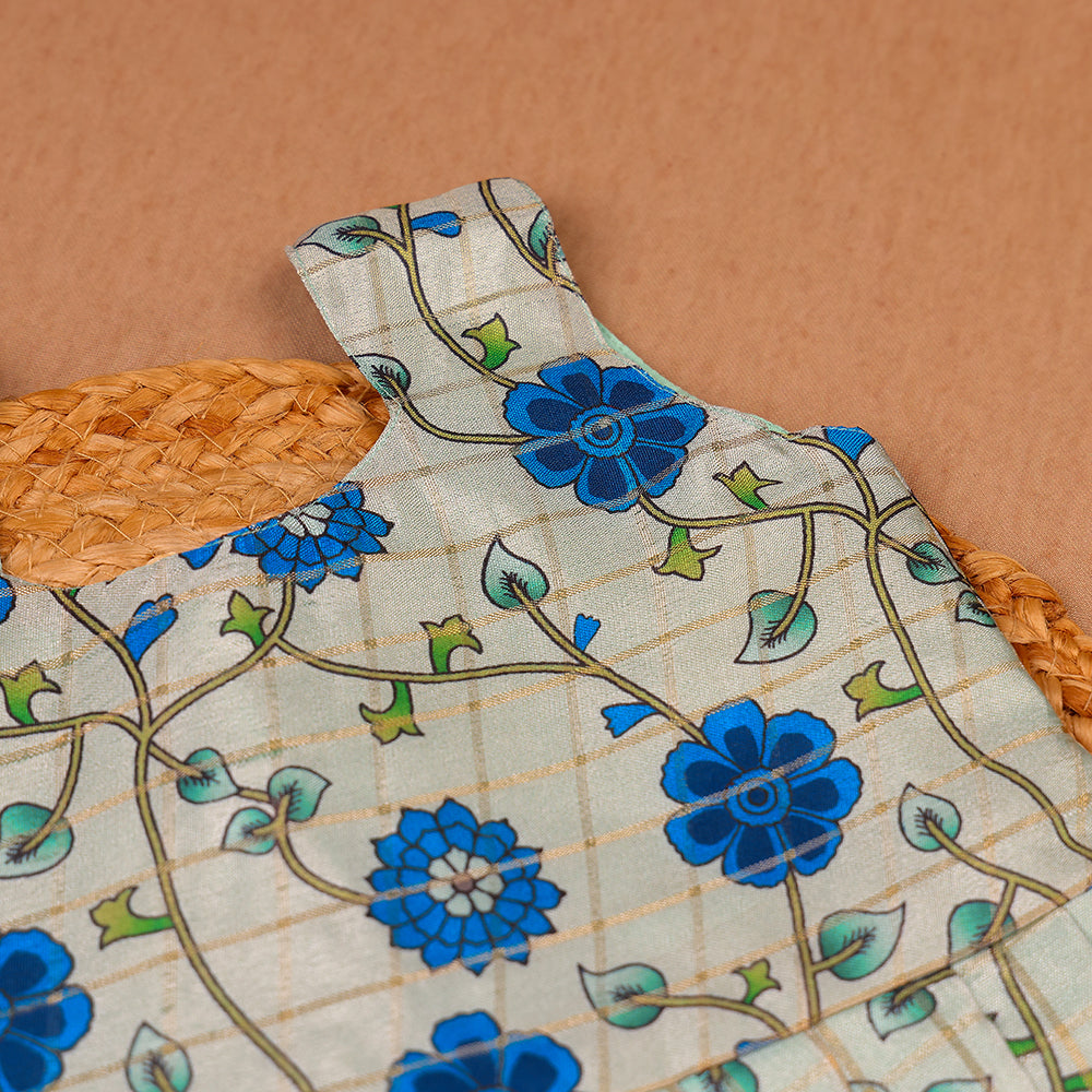Blue Floral Peplum Top & Raw Silk Pleated Skirt Set