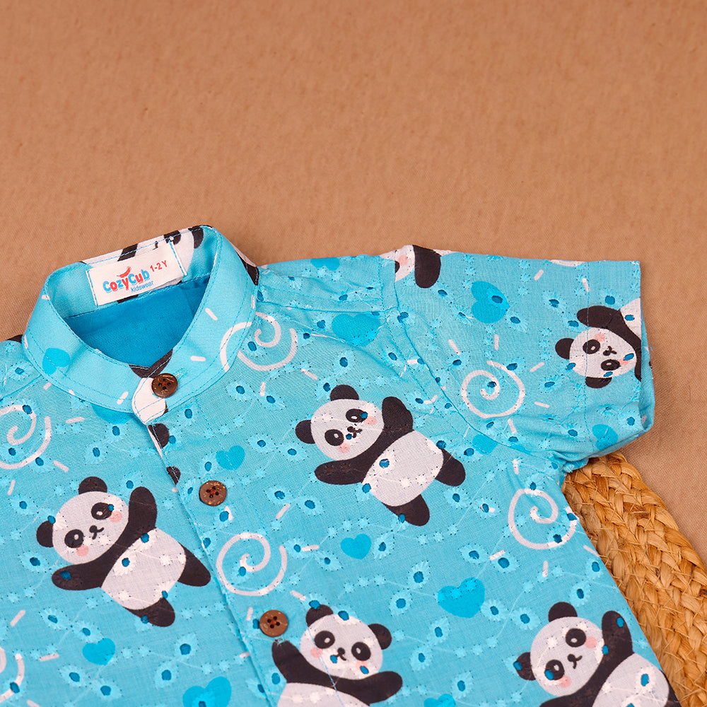 Sky Blue Panda Print Cotton Hacoba Shirt
