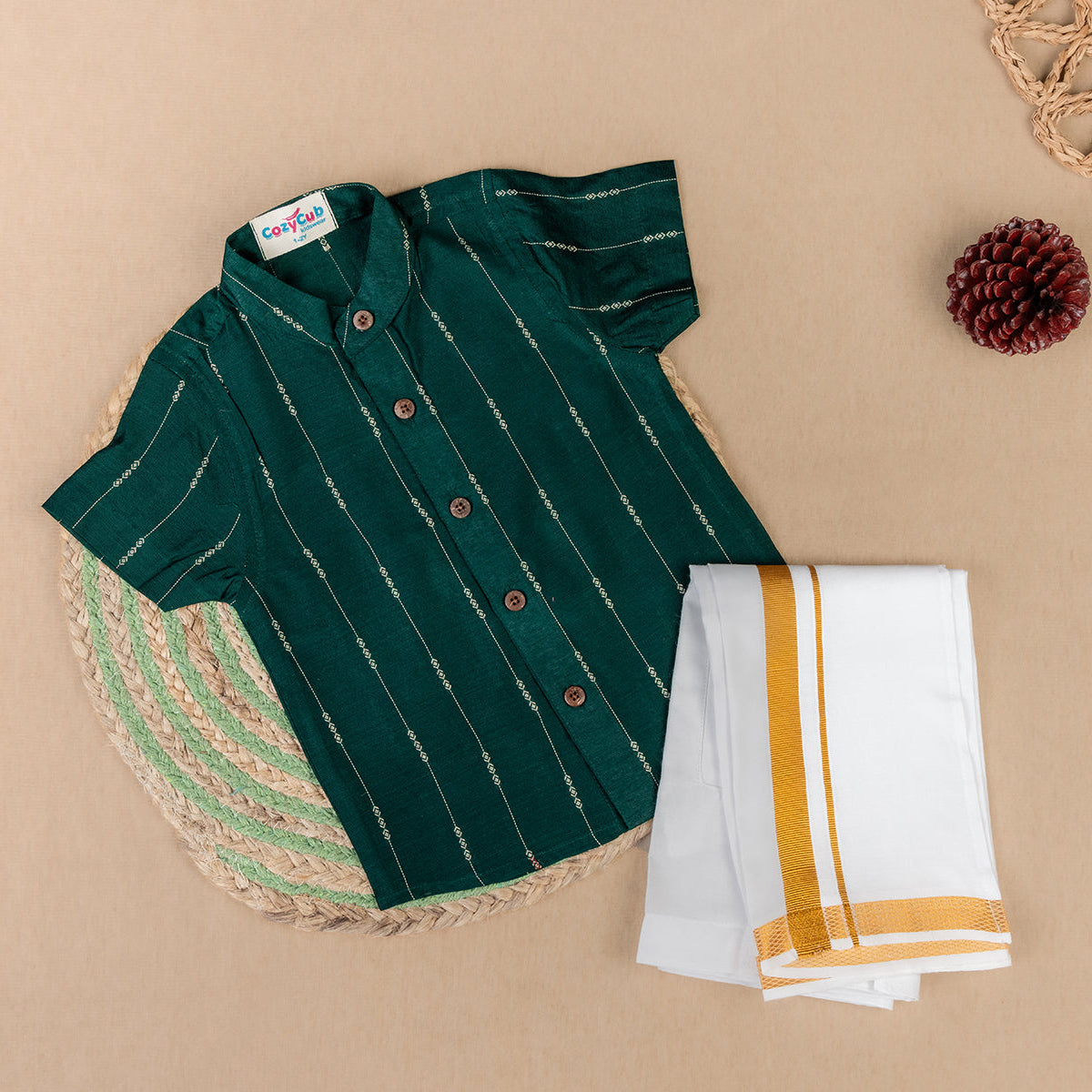 Elegant Green Striped Shirt & Dhoti Set