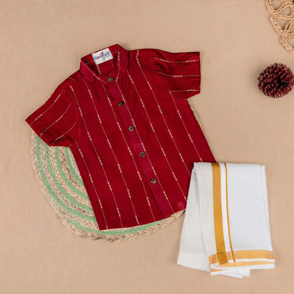 Classic Maroon Striped Shirt & Dhoti Set