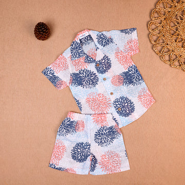 Soft Sky Floral Open-Collar Cotton Co-ord Set for Boys