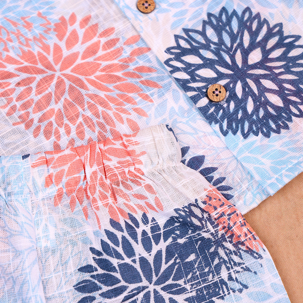 Soft Sky Floral Open-Collar Cotton Co-ord Set for Boys