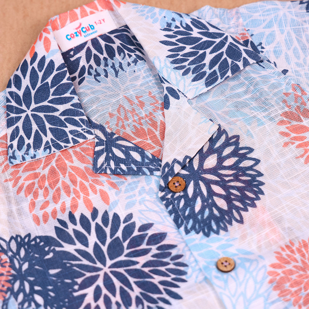 Soft Sky Floral Open-Collar Cotton Co-ord Set for Boys