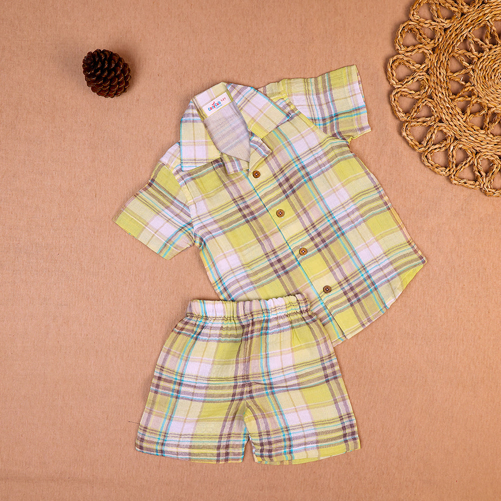 Sunny Checks Open-Collar Muslin Co-ord Set for Boys