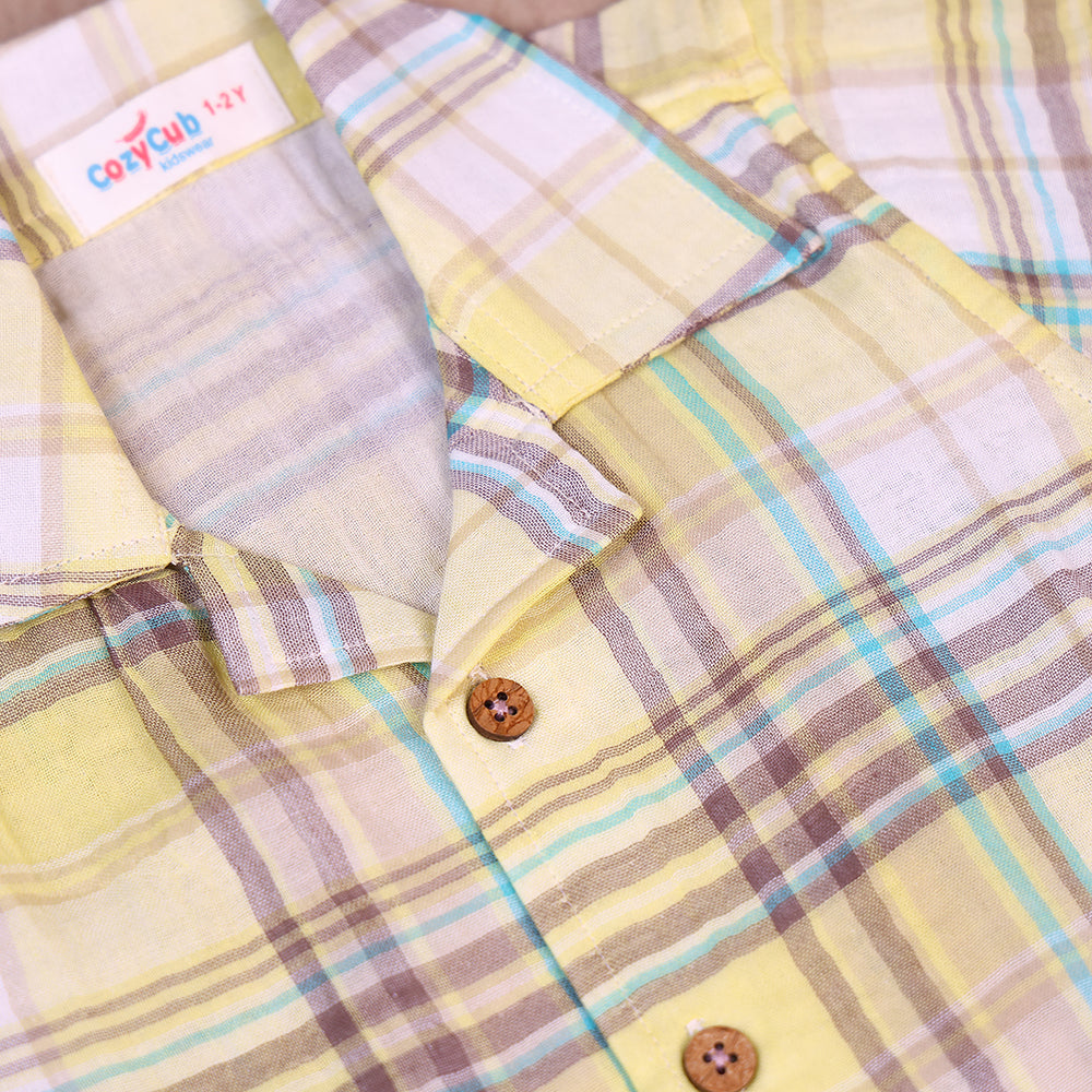 Sunny Checks Open-Collar Muslin Co-ord Set for Boys