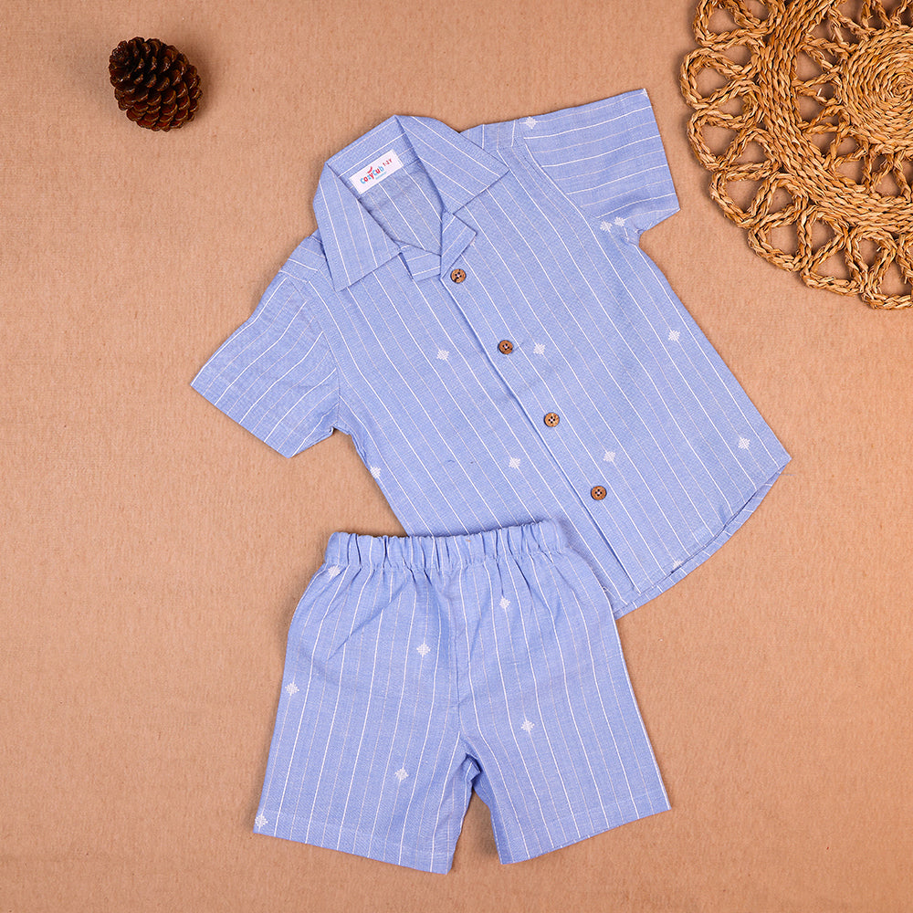Sky Blue Striped Open-Collar Cotton Co-ord Set for Boys