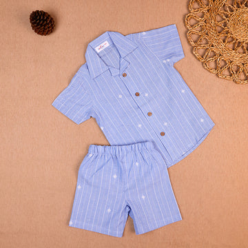Sky Blue Striped Open-Collar Cotton Co-ord Set for Boys