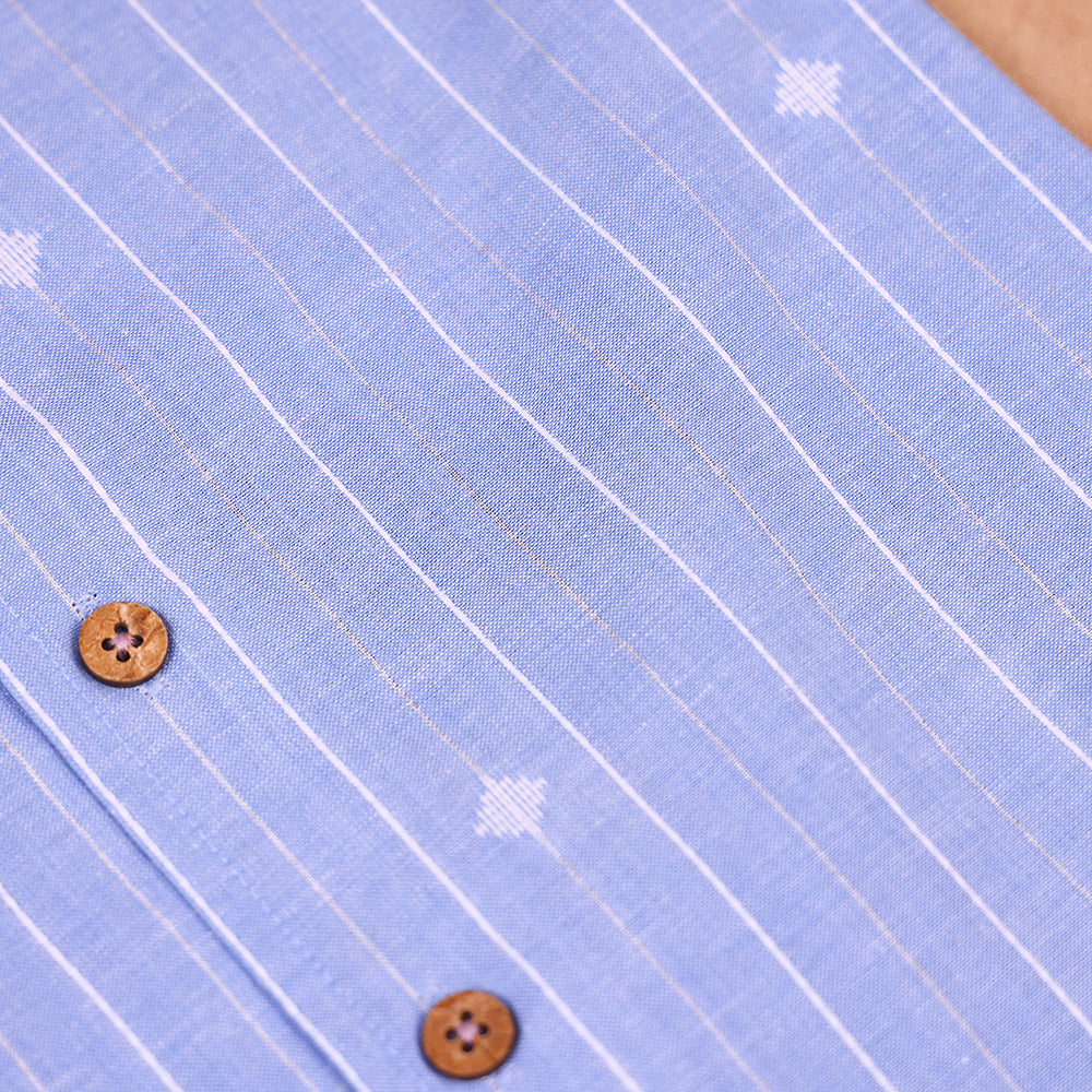 Sky Blue Striped Open-Collar Cotton Co-ord Set for Boys