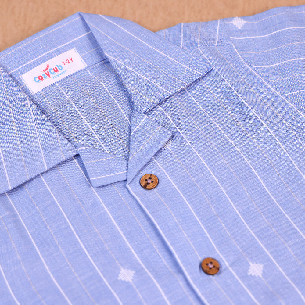 Sky Blue Striped Open-Collar Cotton Co-ord Set for Boys