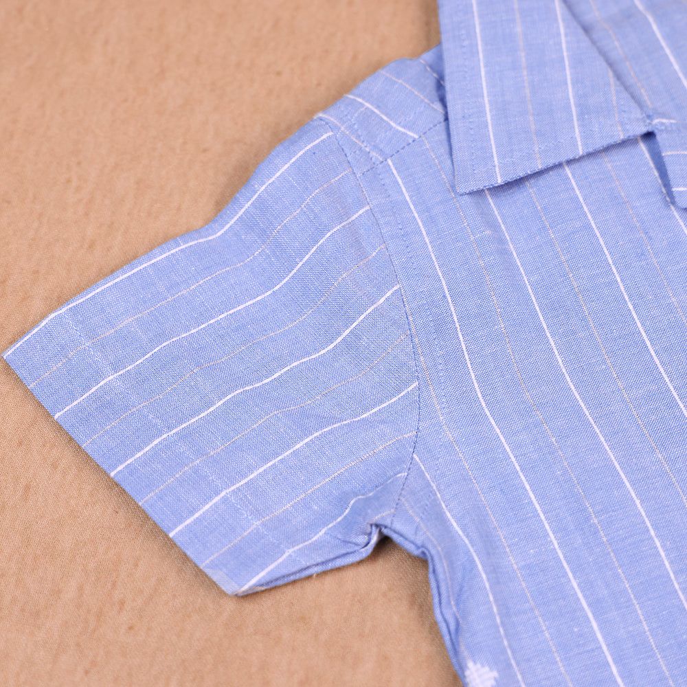 Sky Blue Striped Open-Collar Cotton Co-ord Set for Boys