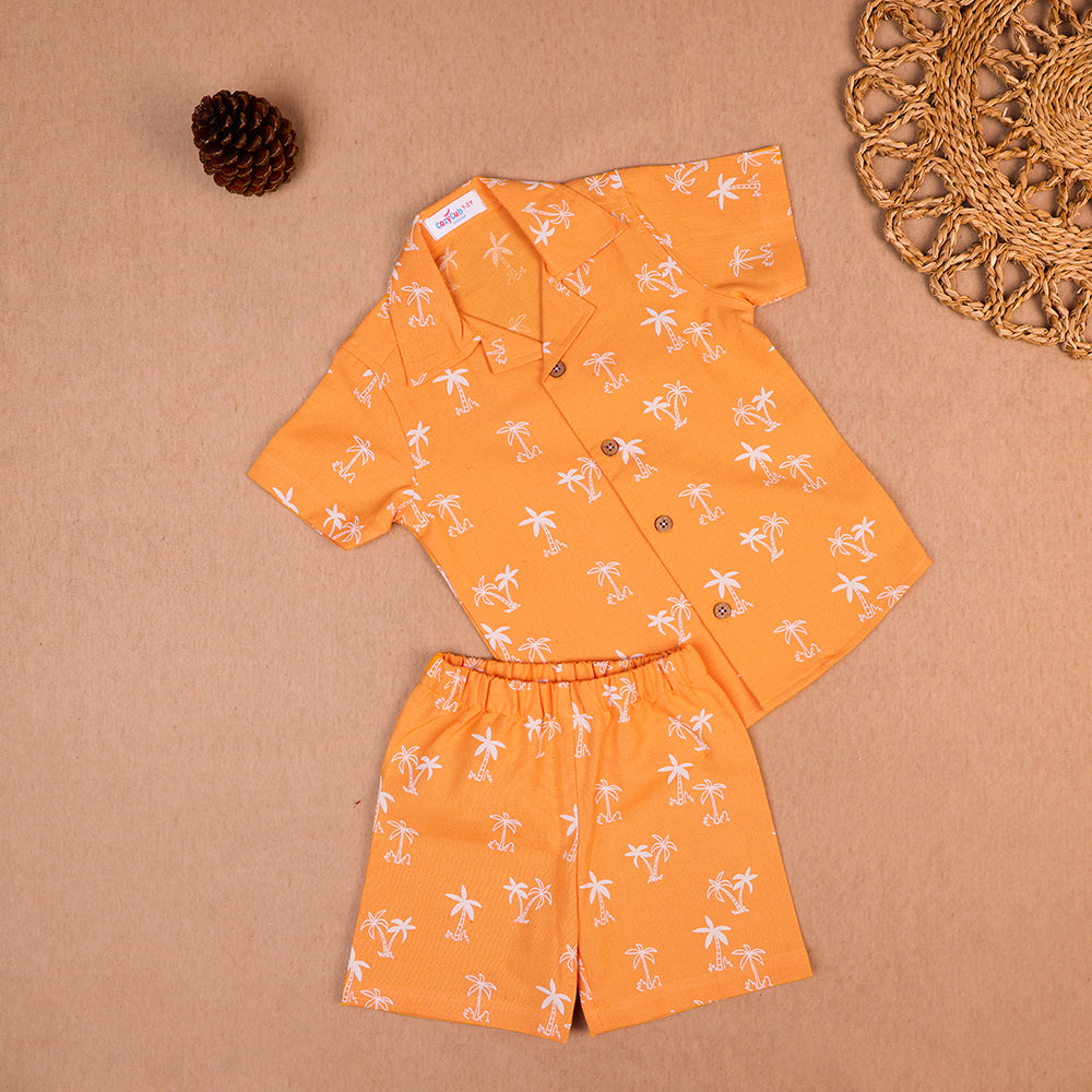 Sunset Orange Palm Print Open-Collar Cotton Co-ord Set for Boys
