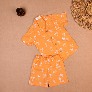 Sunset Orange Palm Print Open-Collar Cotton Co-ord Set for Boys