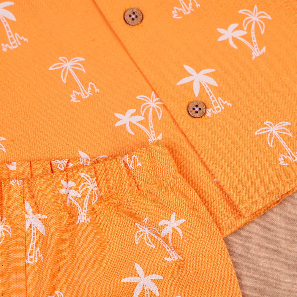 Sunset Orange Palm Print Open-Collar Cotton Co-ord Set for Boys