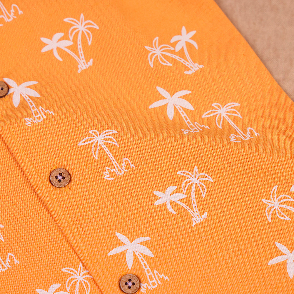 Sunset Orange Palm Print Open-Collar Cotton Co-ord Set for Boys