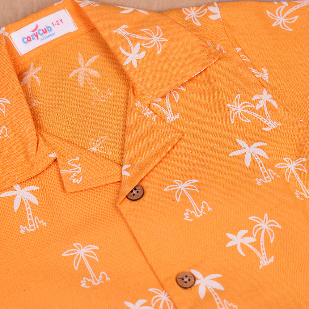 Sunset Orange Palm Print Open-Collar Cotton Co-ord Set for Boys
