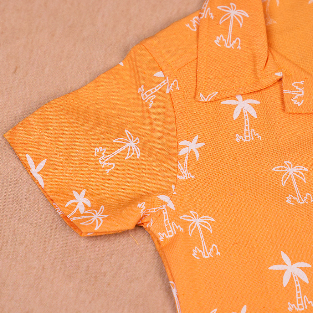 Sunset Orange Palm Print Open-Collar Cotton Co-ord Set for Boys
