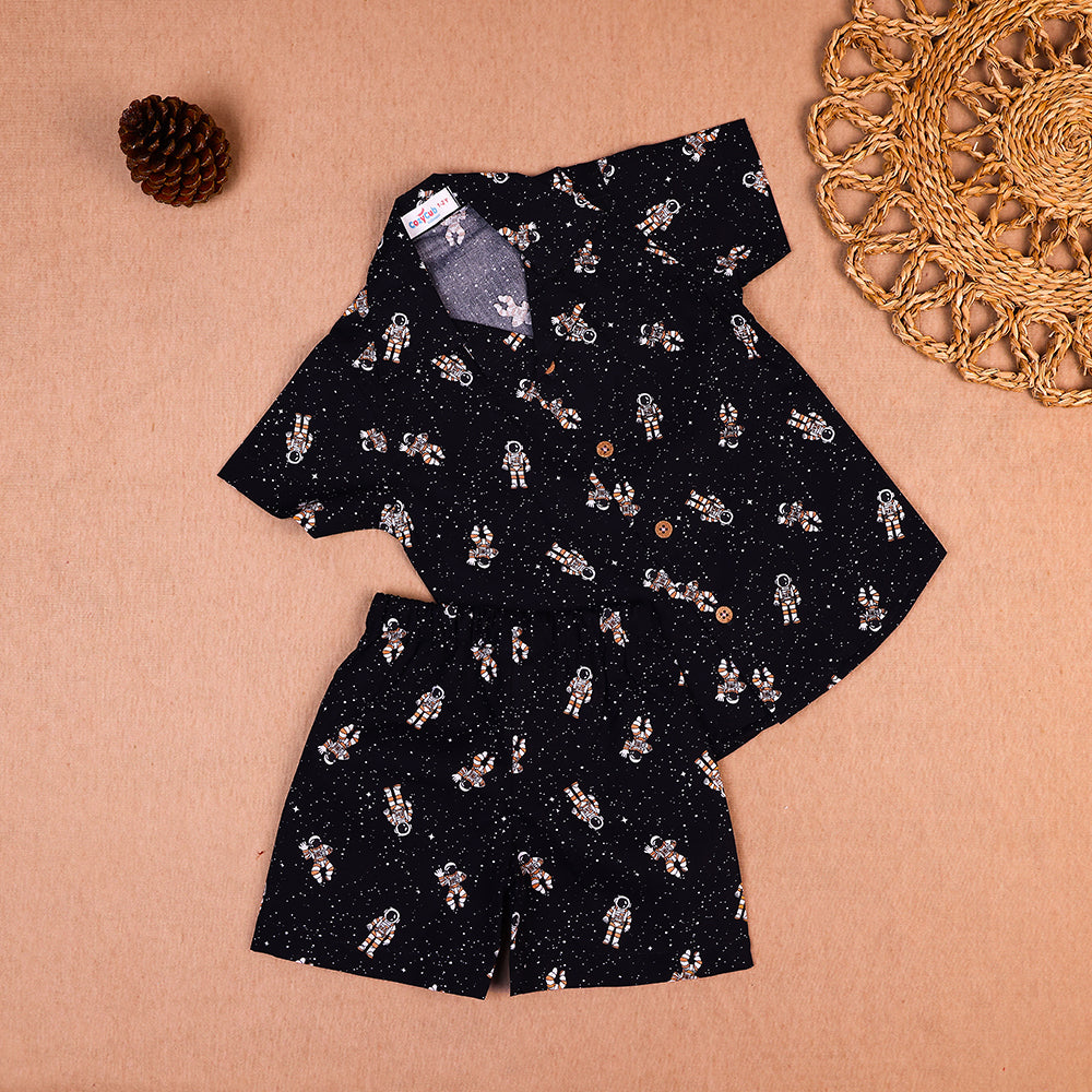 Midnight Space Print Open-Collar Cotton Co-ord Set for Boys