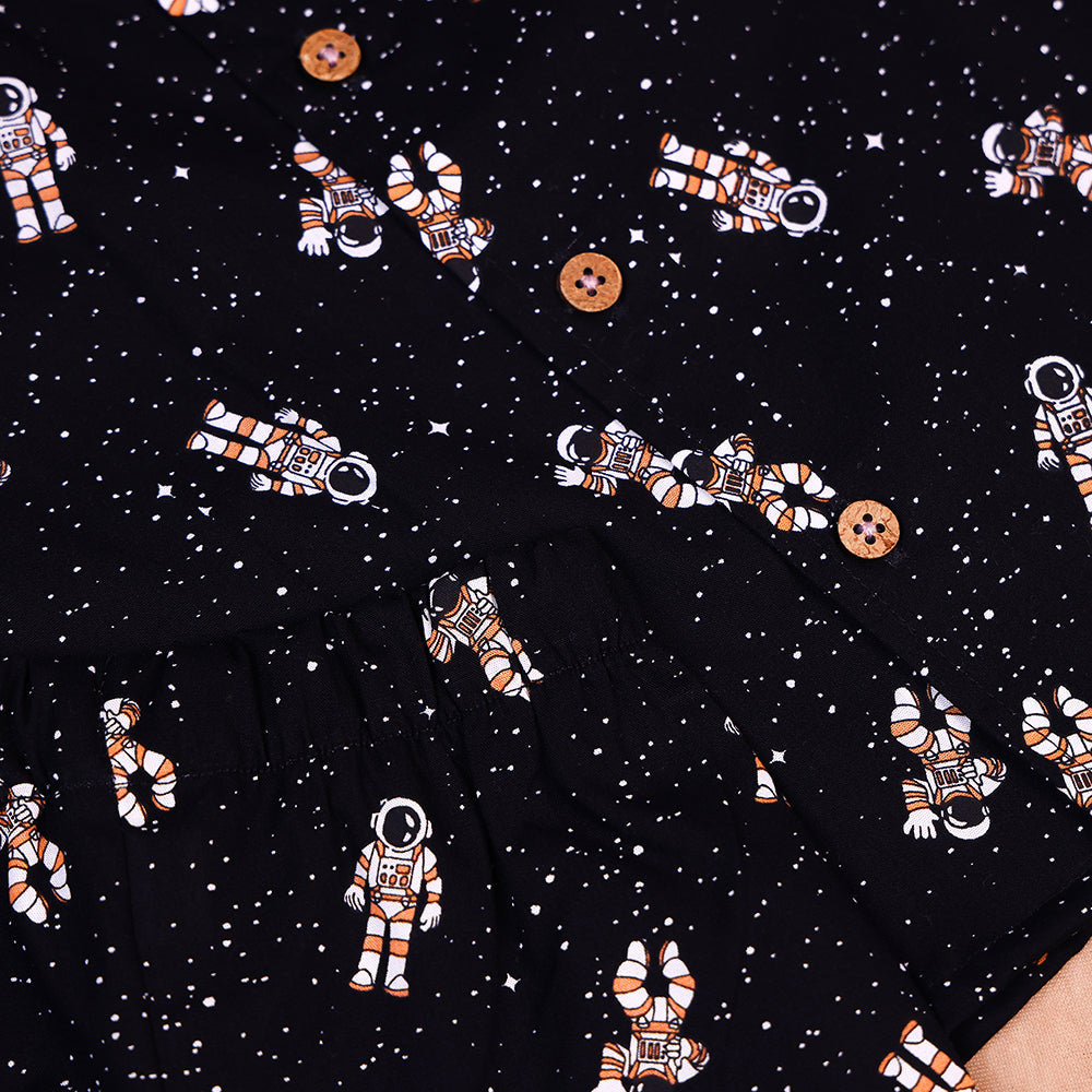 Midnight Space Print Open-Collar Cotton Co-ord Set for Boys