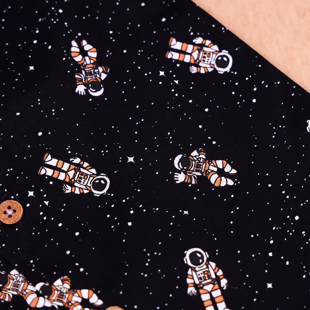 Midnight Space Print Open-Collar Cotton Co-ord Set for Boys
