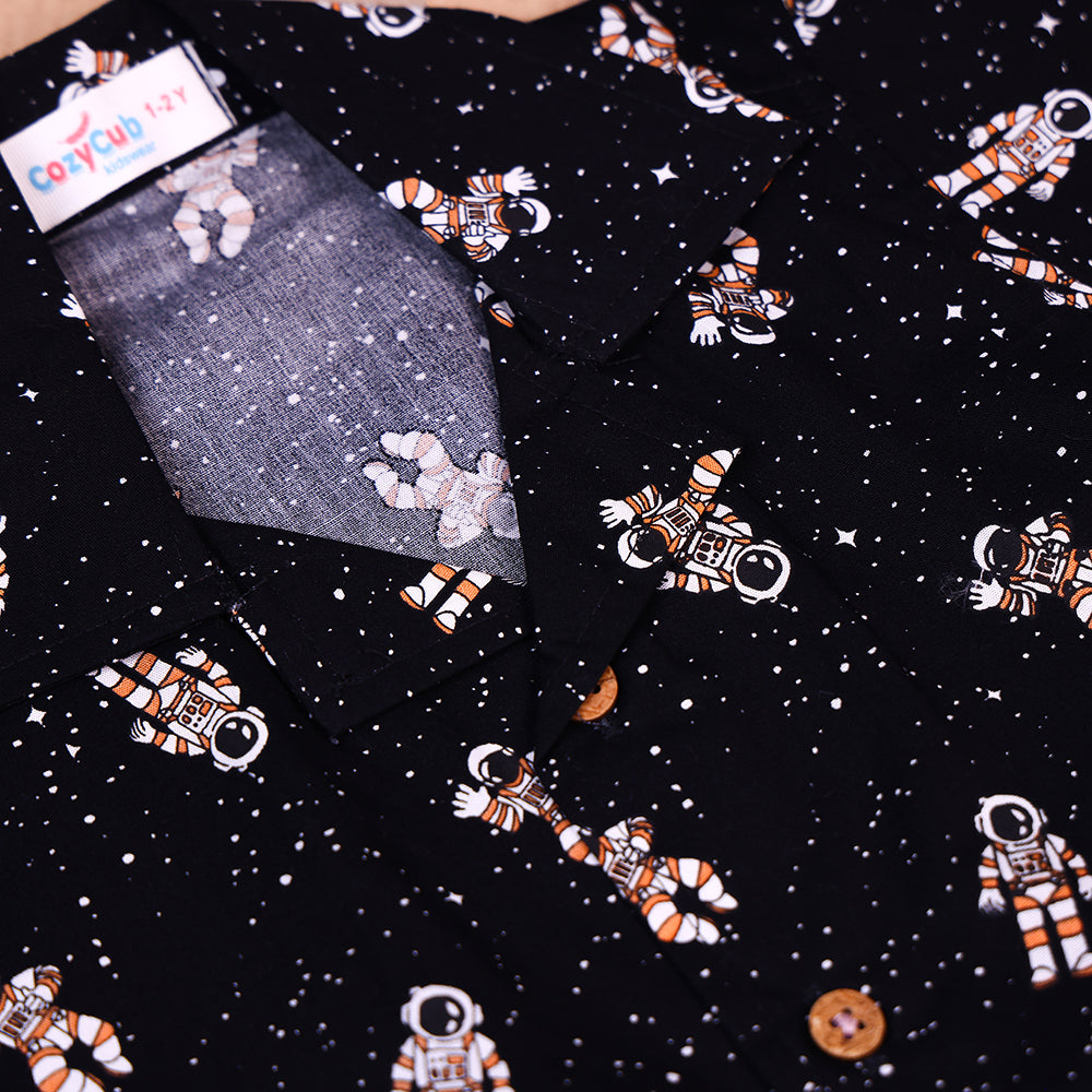 Midnight Space Print Open-Collar Cotton Co-ord Set for Boys