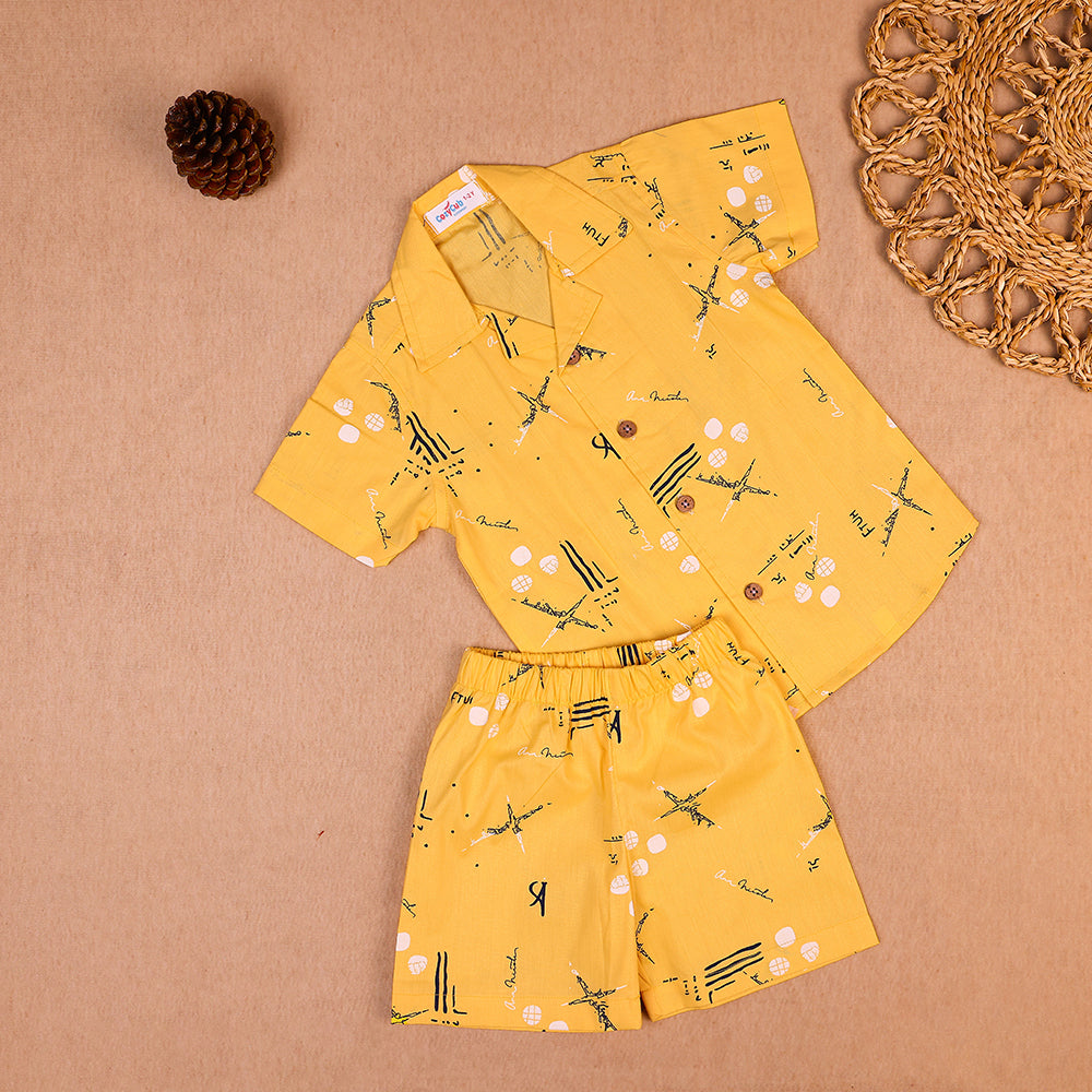 Sunshine Yellow Graphic Print Open-Collar Cotton Co-ord Set for Boys
