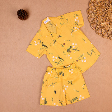 Sunshine Yellow Graphic Print Open-Collar Cotton Co-ord Set for Boys