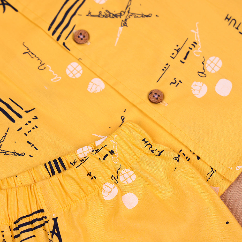 Sunshine Yellow Graphic Print Open-Collar Cotton Co-ord Set for Boys