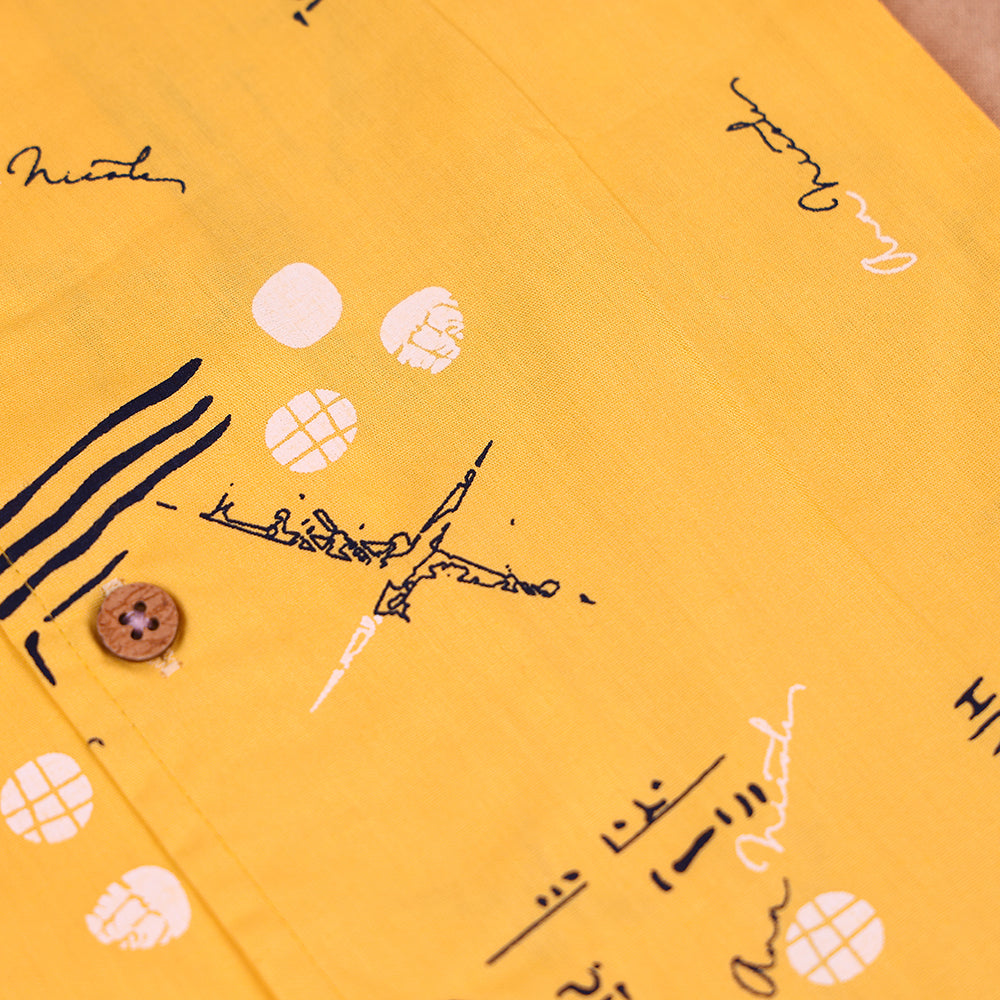 Sunshine Yellow Graphic Print Open-Collar Cotton Co-ord Set for Boys