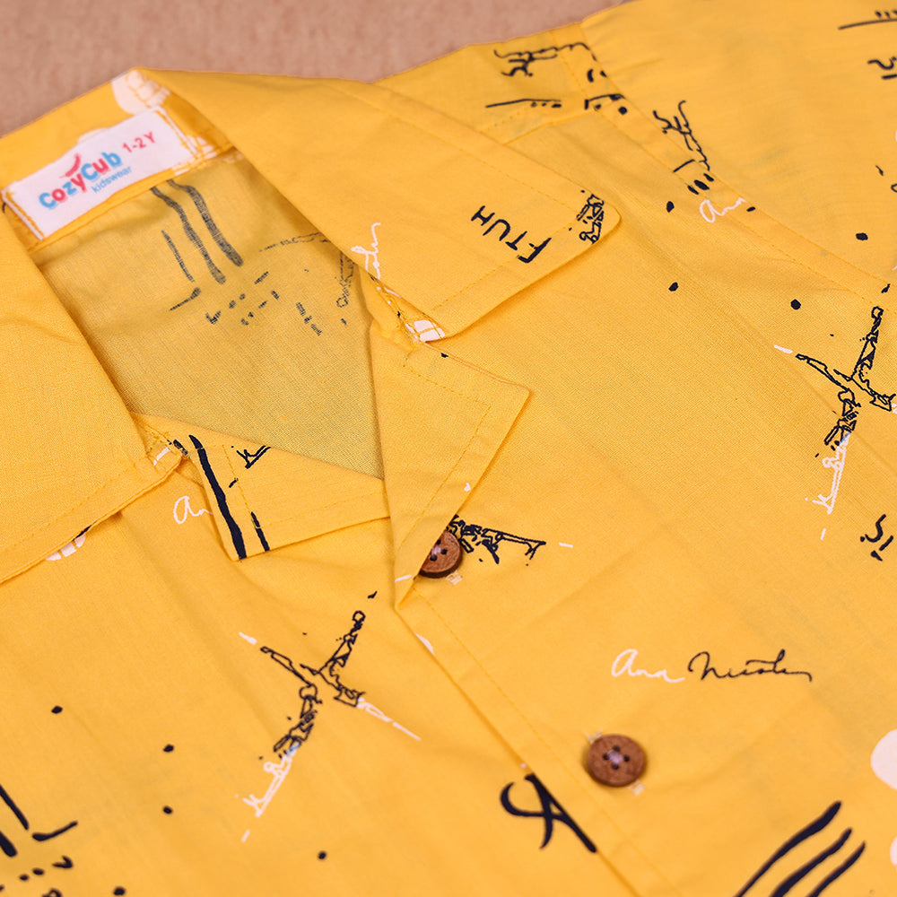 Sunshine Yellow Graphic Print Open-Collar Cotton Co-ord Set for Boys