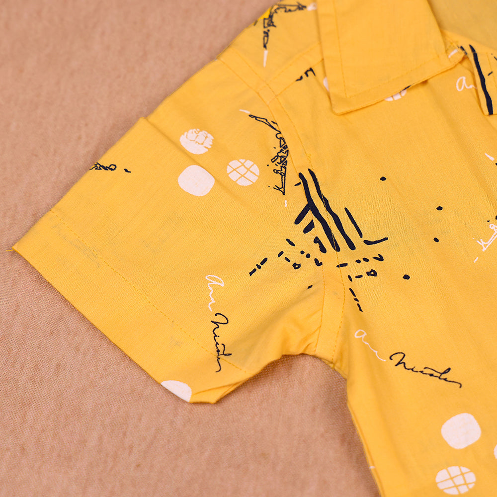 Sunshine Yellow Graphic Print Open-Collar Cotton Co-ord Set for Boys