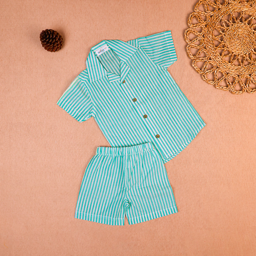 Mint Green Striped Open-Collar Cotton Co-ord Set for Boys