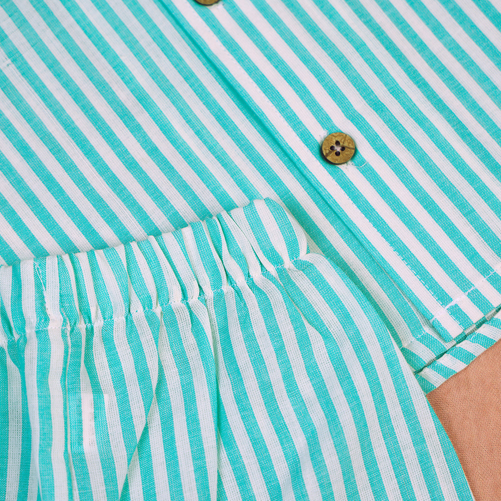 Mint Green Striped Open-Collar Cotton Co-ord Set for Boys