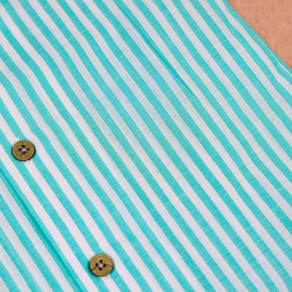 Mint Green Striped Open-Collar Cotton Co-ord Set for Boys