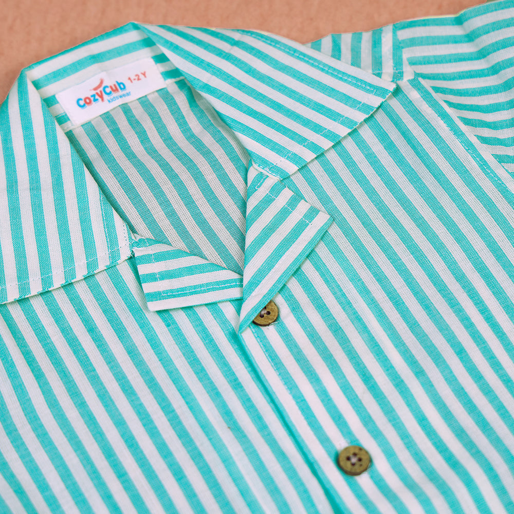 Mint Green Striped Open-Collar Cotton Co-ord Set for Boys