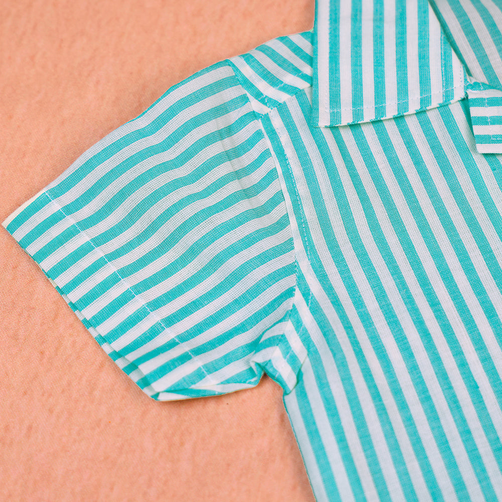 Mint Green Striped Open-Collar Cotton Co-ord Set for Boys