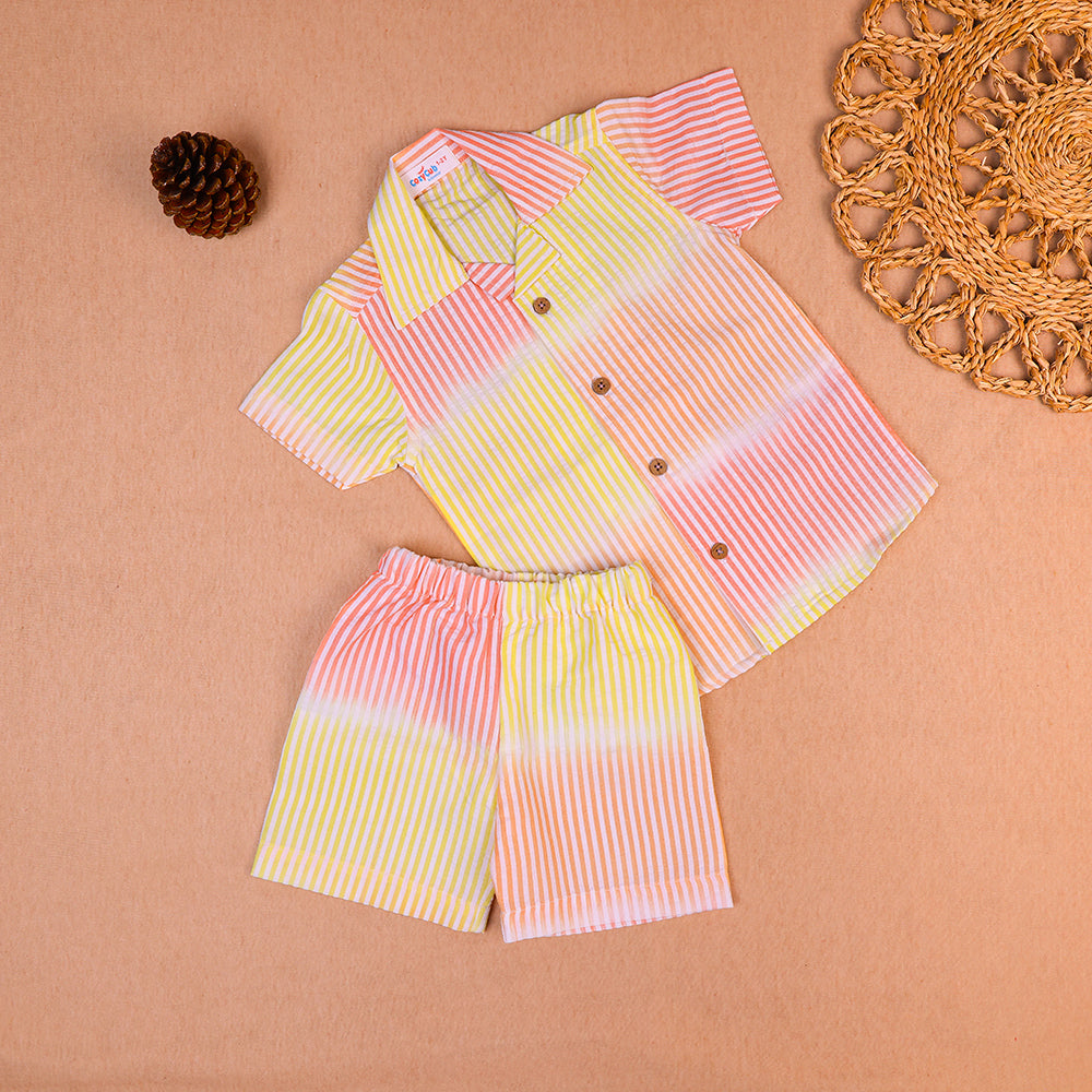 Pastel Sunset Striped Open-Collar Cotton Co-ord Set for Boys