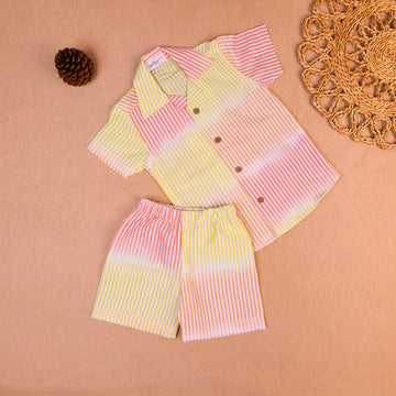 Pastel Sunset Striped Open-Collar Cotton Co-ord Set for Boys