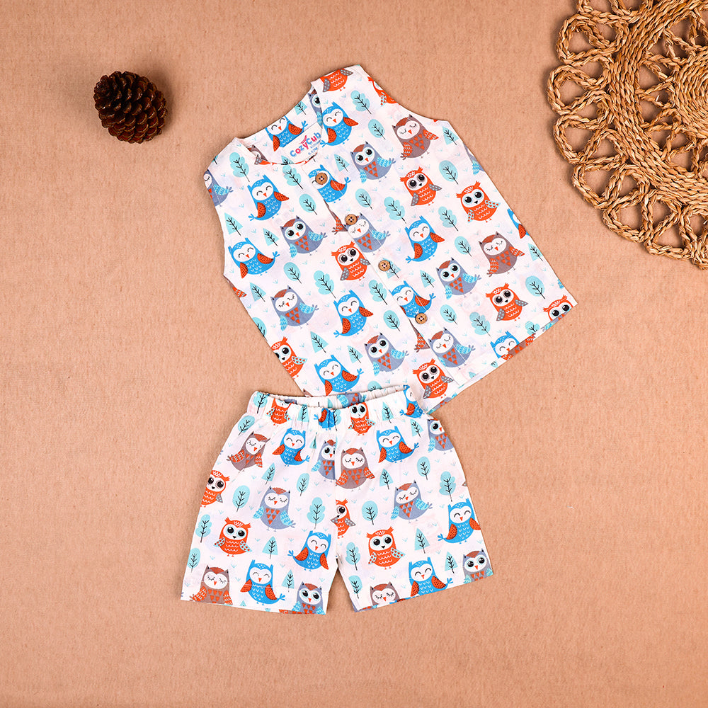 Cute Owl Print Cotton Jabla & Shorts Co-ord Set for Boys